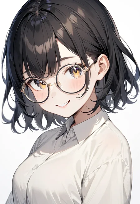 masterpiece, best quality, very aesthetic, absurdres,
1girl, solo, black hair, medium hair, smile, looking at viewer, upper body, collared shirt,
round_glasses22A, yellow-framed eyewear, 
white background, simple background,
 <lora:round_glasses_metal-frame_SDXL_V1:1>