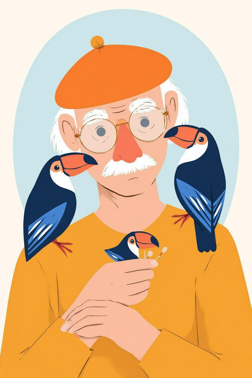 vector art.
An elderly man with a bright orange beret, round glasses, and a white mustache holds a small bird with a red beak. Two birds with blue feathers and orange beaks sit on his shoulders.
 <lora:vectorart1_cap_d6a3:1.0><lora:844062576909456923:0>