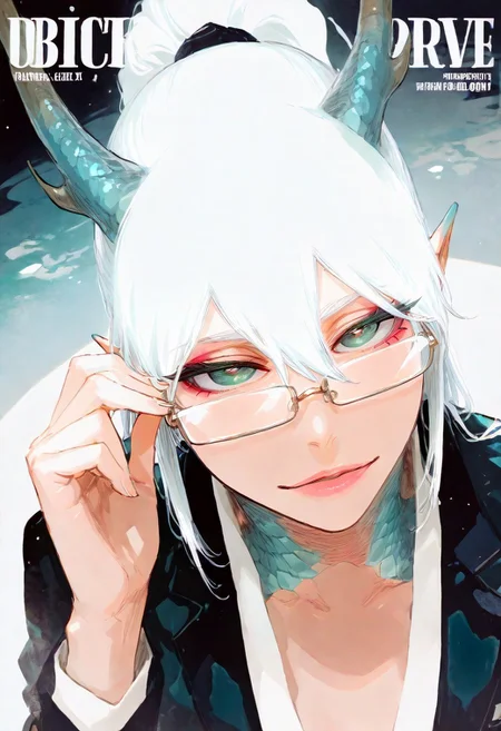 ambient occlusion, intricate background, low lighting, rim light, ethereal glow, ethereal particles, dappled light, (beautiful face),
BREAK
masterpiece, highly detailed,1girl, beautiful eyes, big eyes, detailed eyes, detailed pupils, perfect body,
(sexy, slutty, hot)
BREAK
flirting:2.0,
ryu, pointy ears, teal scales, green eyes, light skin, eastern dragon horns, white hair, high ponytail, makeup, looking at viewer, sly expression, fake magazine cover, rectangular glasses, white office shirt, blazer jacket, looking over eyewear, close-up, adjusting eyewear, cinematic lighting, rembrandt lighting, dynamic angle, <lora:add-detail-xl:-2>