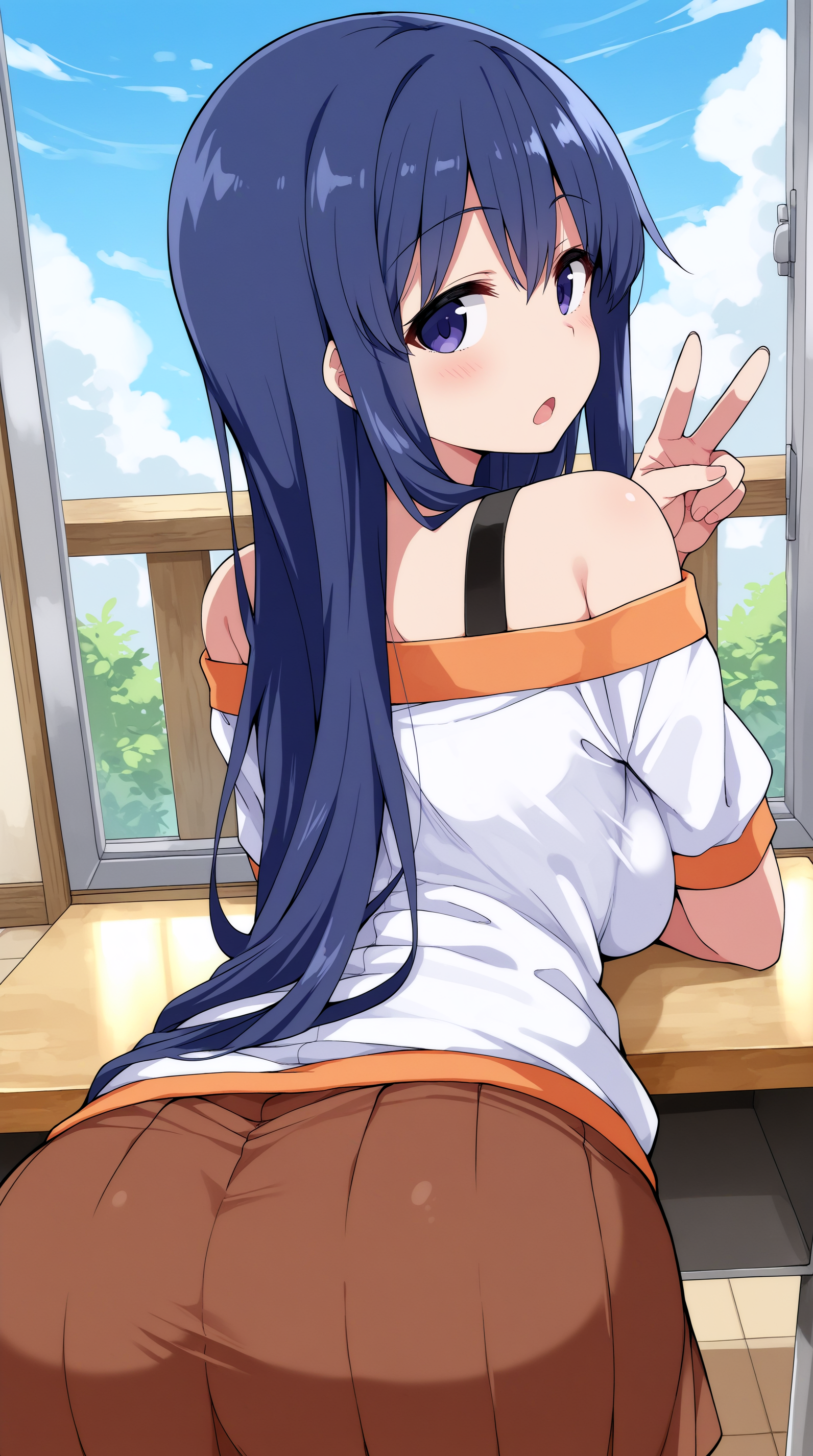 masterpiece, best quality, amazing quality, aesthetic,  absurdres, best quality, 4k, upscale, indoors,  sky,  foreshortening, pose, v, Yui, 1girl, solo, long hair, skirt, blue hair, looking back,  bare shoulders, open mouth, from behind, purple eyes, looking at viewer, off shoulder, blue eyes,   <lora:Yui_IL:0.8>