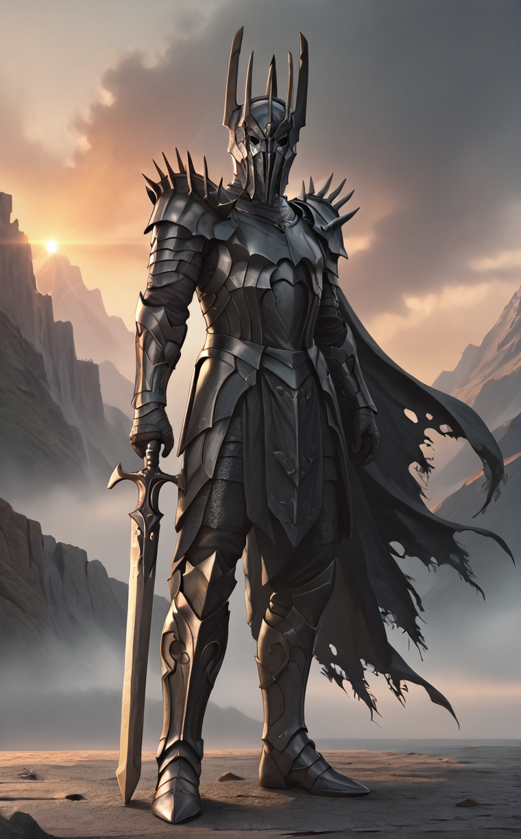 fullbody,
<lora:Sauron_v2:1> sauron, black armor, weapon, helmet, cape, full armor, mace,