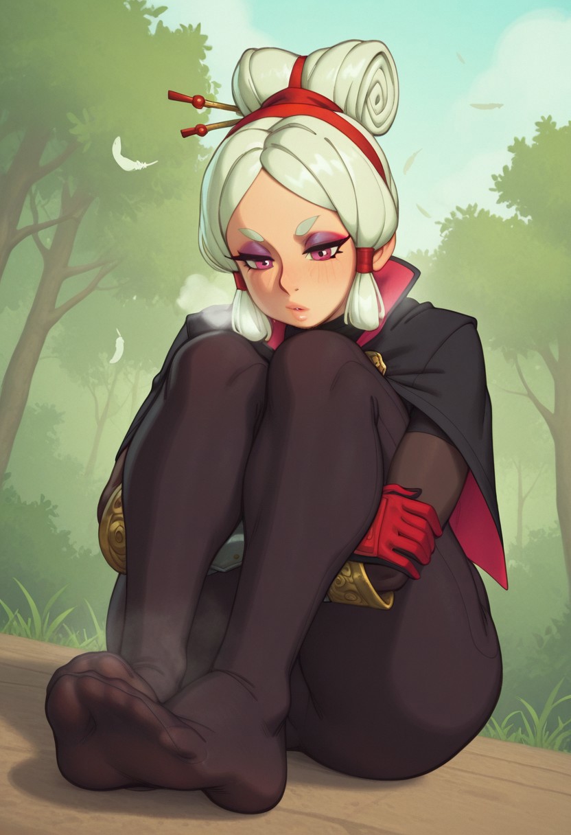 rizdraws,  outdoors, undershirt, falling feathers, black bodysuit, hair stick, hugging own legs, , gauntlets,   eyeshadow,   red gloves,  high ponytail,  , black capelet, red hairband, pink eyes, 1girl, solo, feet, visible breath,   dynamic angle, foreshortening, smell, steam,