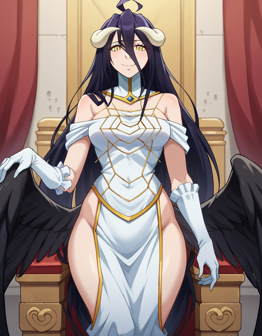 score_9, score_8_up, score_7_up, source_anime,
overlordalbedo, <lora:overlord-albedo-ponyxl-lora-nochekaiser:1>,
albedo, ahoge, black hair, horns, long hair, yellow eyes,
bare hips, bare shoulders, black wings, detached collar, elbow gloves, feathered wings, gloves, gold trim, high collar, hip vent, jewelry, low wings, white gloves, wings,
indoors, throne, throne room,
looking at viewer, cowboy shot, dutch angle,