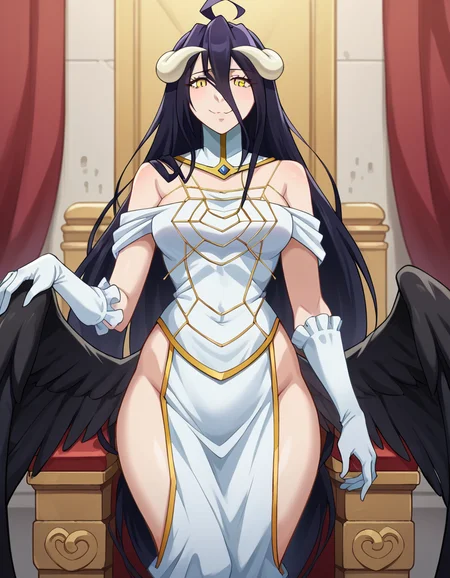 score_9, score_8_up, score_7_up, source_anime,
overlordalbedo, <lora:overlord-albedo-ponyxl-lora-nochekaiser:1>,
albedo, ahoge, black hair, horns, long hair, yellow eyes,
bare hips, bare shoulders, black wings, detached collar, elbow gloves, feathered wings, gloves, gold trim, high collar, hip vent, jewelry, low wings, white gloves, wings,
indoors, throne, throne room,
looking at viewer, cowboy shot, dutch angle,
