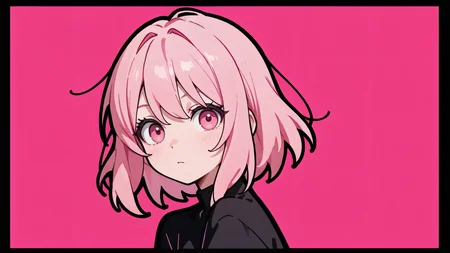 ,masterpiece,best quality,newest, <lora:Wallpaper_Girls:1.0> wallpaperstyle, 1girl, pretty girl, black border, black outline, pink hair, pink eyes, pink background