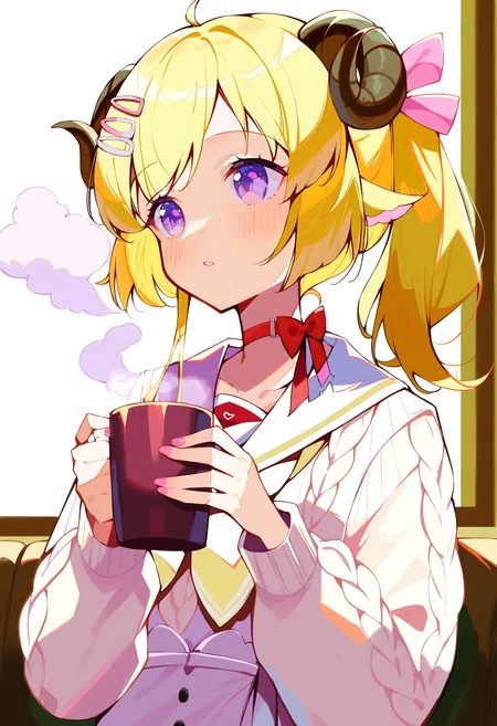score_9, score_8_up, score_7_up, score_6_up, source anime,
tsunomaki watame, sheep girl, curled sheep horns, 1girl, solo, cup,
blonde hair, hair ornament, long hair, hairclip, side ponytail,
purple eyes,
sheep ears, choker, holding, cable knit,
blush, aran sweater, pink nails, sailor collar, mug, red choker, holding cup, long sleeves, bow, blowing, parted lips, steam, white sweater,
indoors, cafe, upper body,
tsunomaki street
<lora:monmusu_sheep_girl_v14:1>