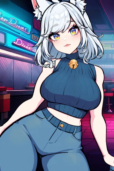(masterpiece), best quality, expressive eyes, perfect face, solo, lillyvinnily, lips, breasts, animal ears, animal ear fluff, bangs, bell, (Knit_cropped_top:1.4),(High-waisted_flared_jeans:1.3),(Platform_sandals:1.2),(Retro_diner_background:1.4), <lora:Lilly_Vinnily_-_Vtuber:1.2>, sexy, looking at viewer, detailed background, waterfall, misty spray, rocky cascades, natural beauty