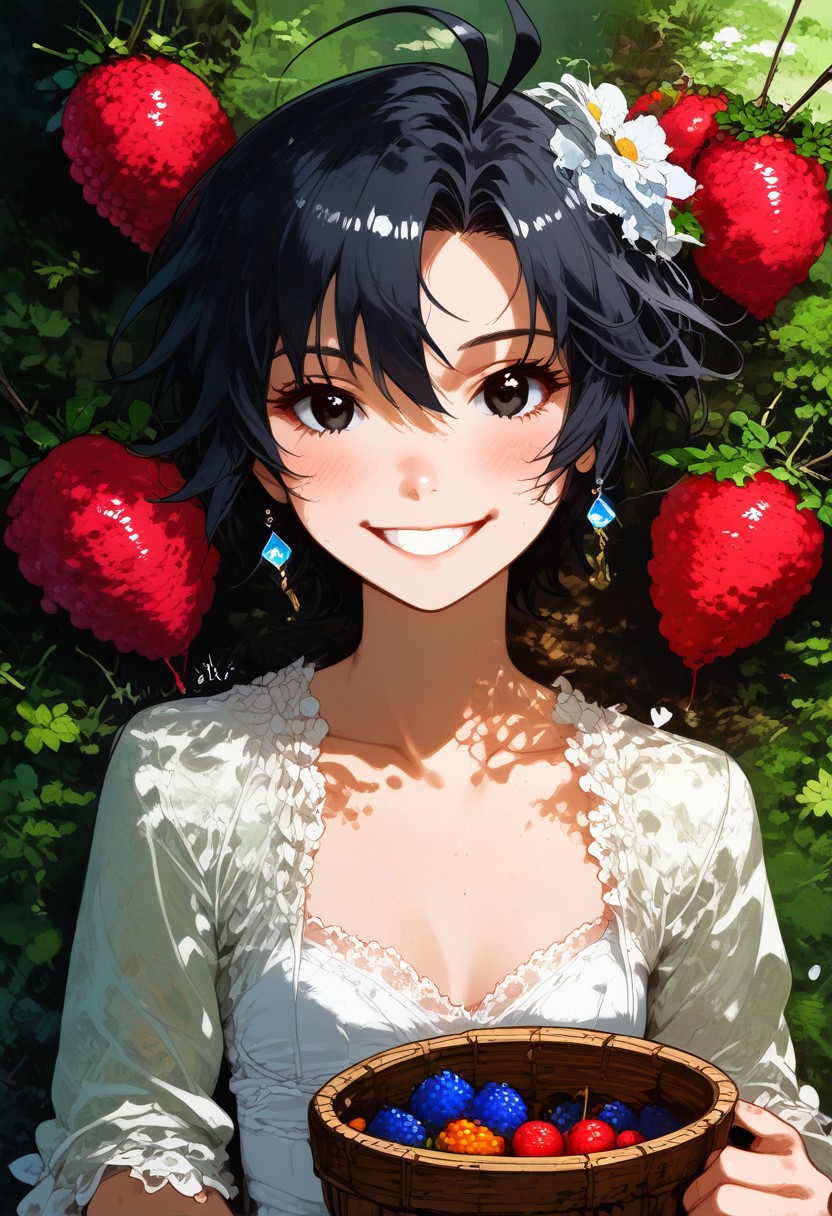 (zPDXL2), score_9, score_8_up, score_7_up, score_6_up, source_anime, <lora:Worldly_XL:1> volumetric lighting, warm colors, motion effects, best quality, wallpaper art, looking at viewer, woods, berries, flowers, insects, 
1girl, solo, 18 year old, Little Red Riding Hood on a path in the woods, holding basket with berries, delicate and smooth skin, cleavage, shy smile, eyes open, low cut, 
<lora:KikuchiMakoto_pony_v1:0.9> kkcmkt, short hair, black hair, antenna hair, hair between eyes, black eyes, flat chest, small breasts, 
Expressiveh,  <lora:c0l0urc0r3XLP2:0.40> c0l0urc0r3, cute, bright colours, candy, <lora:RELSM_v1:0.90> <lora:[GP] somethingweirdv1 [Pony XL]:0.20>
