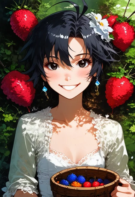 (zPDXL2), score_9, score_8_up, score_7_up, score_6_up, source_anime, <lora:Worldly_XL:1> volumetric lighting, warm colors, motion effects, best quality, wallpaper art, looking at viewer, woods, berries, flowers, insects, 
1girl, solo, 18 year old, Little Red Riding Hood on a path in the woods, holding basket with berries, delicate and smooth skin, cleavage, shy smile, eyes open, low cut, 
<lora:KikuchiMakoto_pony_v1:0.9> kkcmkt, short hair, black hair, antenna hair, hair between eyes, black eyes, flat chest, small breasts, 
Expressiveh,  <lora:c0l0urc0r3XLP2:0.40> c0l0urc0r3, cute, bright colours, candy, <lora:RELSM_v1:0.90> <lora:[GP] somethingweirdv1 [Pony XL]:0.20>