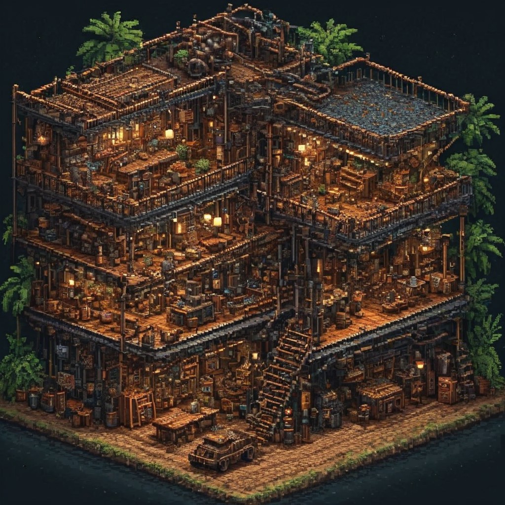 high detail, high quality, dramatic lighting, SFW, PG, detailed background, masterpiece, Graphic details, perfect design, Pixel_Art, Sprite, pixelart, game asset,isometric view, night, rain, steampunk workshop made of gears and copper pipes, jungle, steam coming form pipes