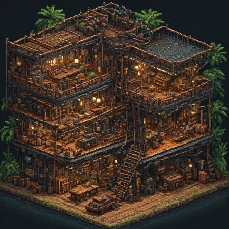 high detail, high quality, dramatic lighting, SFW, PG, detailed background, masterpiece, Graphic details, perfect design, Pixel_Art, Sprite, pixelart, game asset,isometric view, night, rain, steampunk workshop made of gears and copper pipes, jungle, steam coming form pipes