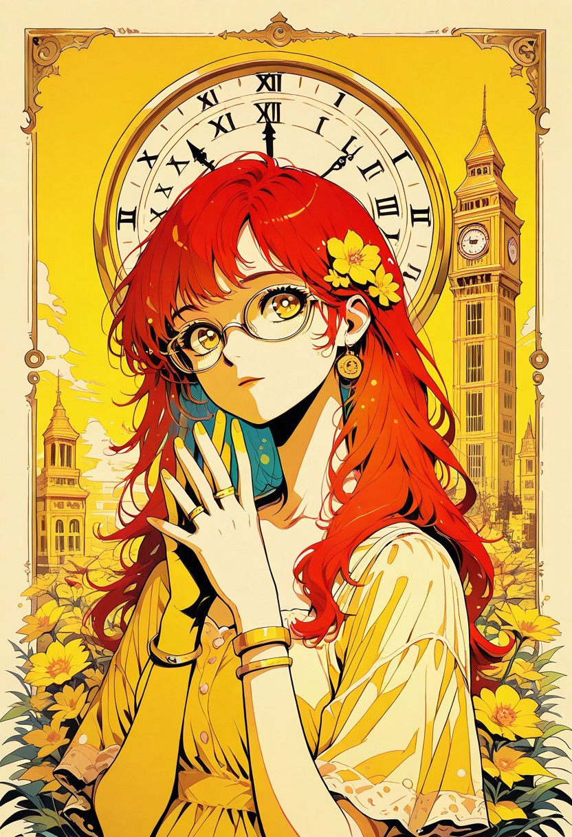 masterpiece, high quality, highres, flat colors, gradient, retro colors, sketch, ink splash, rings, abstract, dynamic angle, cinematic, detailed_hands, elegant_fingers, beautiful_feet, yellow theme
1girl, pin up, red hair, long hair, glasses, flower in hair
summer dress, polka dot, decorated, bracelets, 
tower, clocktower, clock, clock face
closeup, closeup to face, portrait, outside border