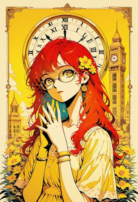 masterpiece, high quality, highres, flat colors, gradient, retro colors, sketch, ink splash, rings, abstract, dynamic angle, cinematic, detailed_hands, elegant_fingers, beautiful_feet, yellow theme
1girl, pin up, red hair, long hair, glasses, flower in hair
summer dress, polka dot, decorated, bracelets,
tower, clocktower, clock, clock face
closeup, closeup to face, portrait, outside border