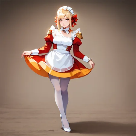 score_9, score_8_up, score_7_up, best quality, masterpiece, source_anime,  BREAK
1girl, , blonde hair, maid, maid headdress, apron, dress, pantyhose, long sleeves, epaulettes, puffy sleeves, d dress, frills, arm support, ribbon, high heels, parted lips, indoor
 <lora:Neromaid:1> <lora:Anime Style 2 SDXL_LoRA_Pony Diffusion V6 XL:1>