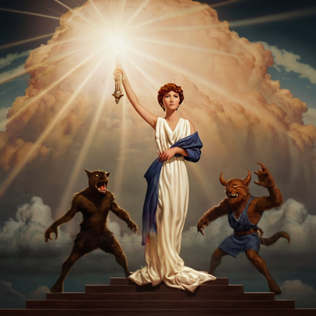 cinematic film still of  <lora:Columbia picture model:1>
Columbia picture model a cartoon woman in a white dress standing on a stage fighting a bunch of monsters with a bright light torch,1girl,brown hair,1boy,dress,sky,cloud,chain,parody,spikes , realistic, sharp, detailed, classic, model, modeling, photography, artistic, Columbia picture style, shallow depth of field, vignette, highly detailed, high budget, bokeh, cinemascope, moody, epic, gorgeous, film grain, grainy