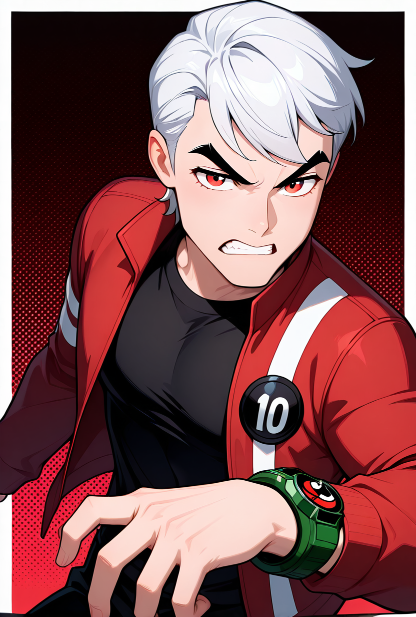 <lora:benuaf-08:1> benuaf, short hair, 1boy, white hair, red jacket, open jacket, black shirt, long sleeves, thick eyebrows, black pants, red eyes, green watch,  dark red background, showing off red watch, angry, clenched teeth, red watch, showing watch, looking at viewer, arm forward, wide chin,, masterpiece, best quality, amazing quality, very aesthetic, absurdres, newest,, upper body, halftone effect, white borders, abstract background:1.2,