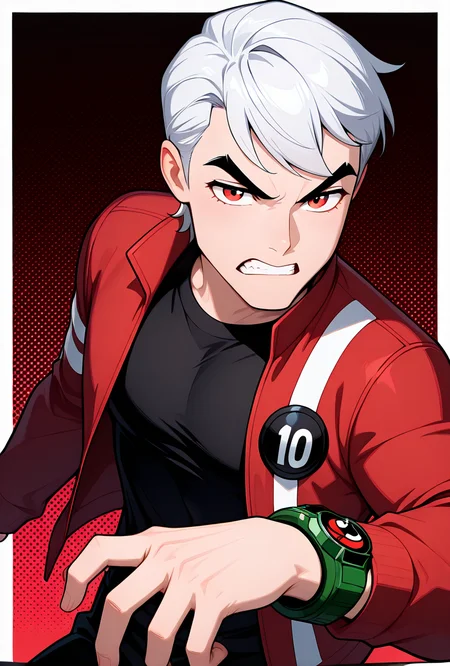 <lora:benuaf-08:1> benuaf, short hair, 1boy, white hair, red jacket, open jacket, black shirt, long sleeves, thick eyebrows, black pants, red eyes, green watch, dark red background, showing off red watch, angry, clenched teeth, red watch, showing watch, looking at viewer, arm forward, wide chin,, masterpiece, best quality, amazing quality, very aesthetic, absurdres, newest,, upper body, halftone effect, white borders, abstract background:1.2,