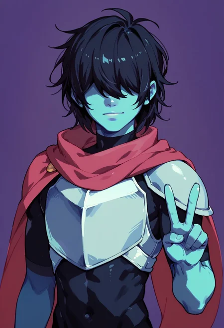 score_9, score_8_up, score_7_up, ultra quality, 1boy, krisxl, blue skin, hair over eyes, black hair, black bodysuit, armor, scarf, upper body, v sign, purple background