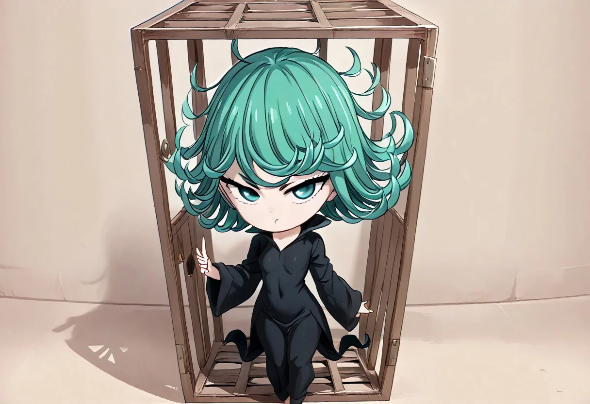 score_9, score_8_up, score_7_up, 1girl, TATSUMAKI (ONE PUNCH MAN), (((she is inside a bird cage))), holding bars, mad, Chibi art style, swollen cheeks, imprissioned, Chibi, Insede Cage, Giant Cage