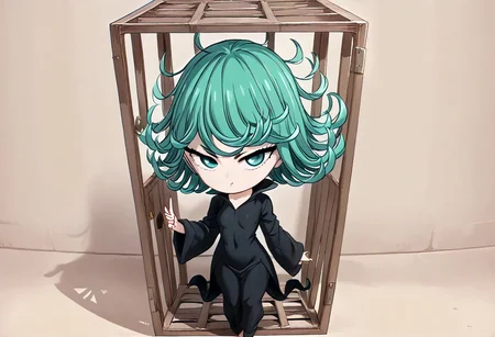 score_9, score_8_up, score_7_up, 1girl, TATSUMAKI (ONE PUNCH MAN), (((she is inside a bird cage))), holding bars, mad, Chibi art style, swollen cheeks, imprissioned, Chibi, Insede Cage, Giant Cage