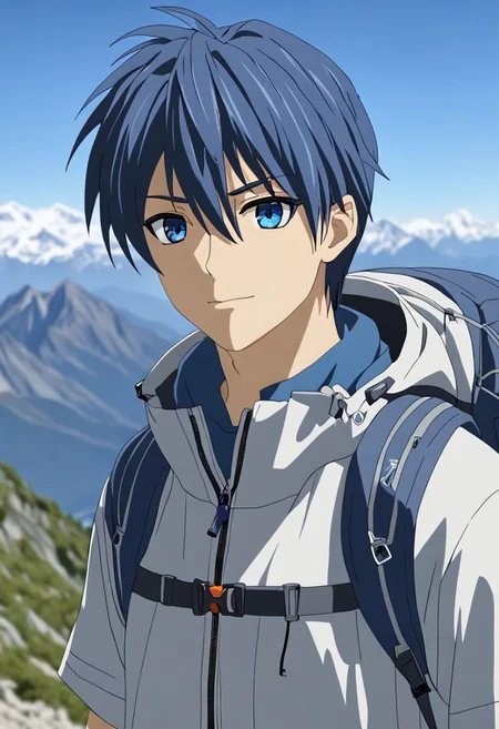 Anime Style, easynegative, detailed_eye_model, Highres, Masterpiece, High Quality, 4K, 8K, solo, 1boy, Tomoya Okazaki, Deep Blue Eyes, Grey Blue Hair, hiking, mountain peak, hiking gear, tired, happy, blue sky