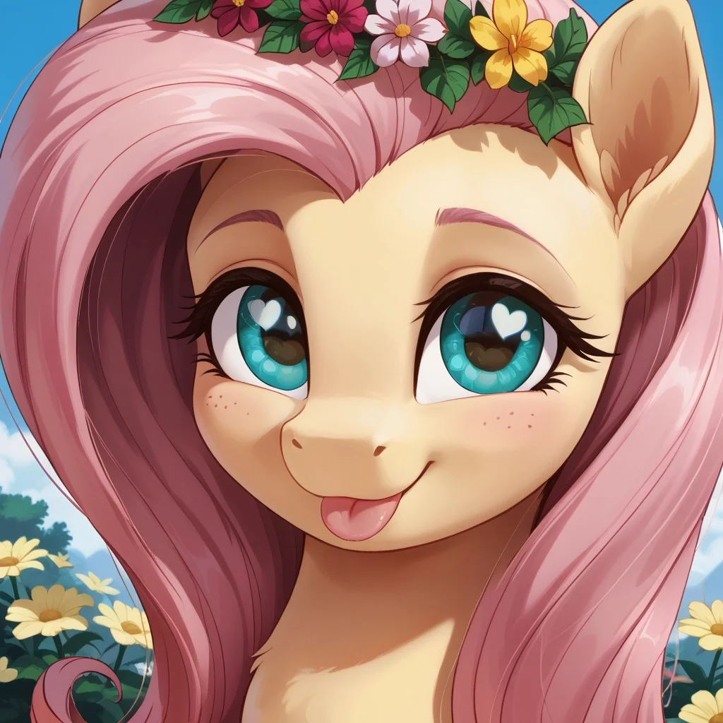 score_9, score_8_up, score_7_up, score_6_up, score_9, score_8_up, score_7_up, score_6_up, my little pony: the movie, movie accurate, fluttershy, pony, pegasus, g4, bust, close-up, cute, eyelashes, female, freckles, heart, high res, looking at you, mare, portrait, smiling, solo, a wreath of flowers, tongue out, silly