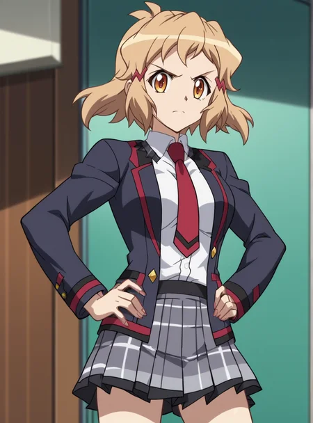 score_9, score_8_up, score_7_up, score_6_up, score_5_up, score_4_up, BREAK source_anime, masterpiece , anime screencap, anime_lineart anime coloring, solo <lora:TachibanaHibiki-000004:0.8>tachibana hibiki (symphogear), school uniform, white shirt, red necktie, pleated skirt, open jacket, hands on hips,blazer
