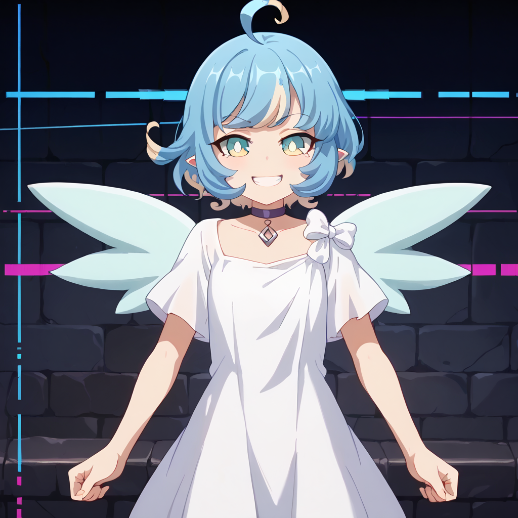 Glitchcore Art Style, score_9, score_8_up, score_7_up, source_anime, anime screencap, masterpiece, insanely detailed, detailed background, zPDXL3, dynamic, dramatic, distorted, vibrant colors, glitchcore art style, break, amy_(princess_connect), 1girl, wings, solo, ahoge, short hair, blue hair, multicolored hair, pointy ears,white dress,choker,(glitch), dungeon,chromatic aberration,dimesion Distortion,falling apart,Distortion,void,evil smile