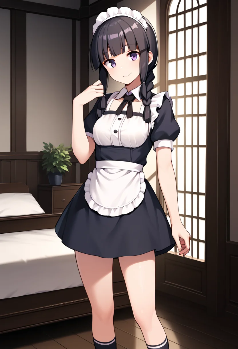 score_9, score_8_up, score_7_up, score_6_up, score_5_up, score_4_up, source_anime,
BREAK,
solo, 1girl, standing, looking at viewer, smile, maid, indoors,
<lora:kitakami_kancolle_ponyXL_v1:1> kitakami \(kancolle\), black hair, long hair, single braid, blunt bangs, sidelocks, purple eyes,