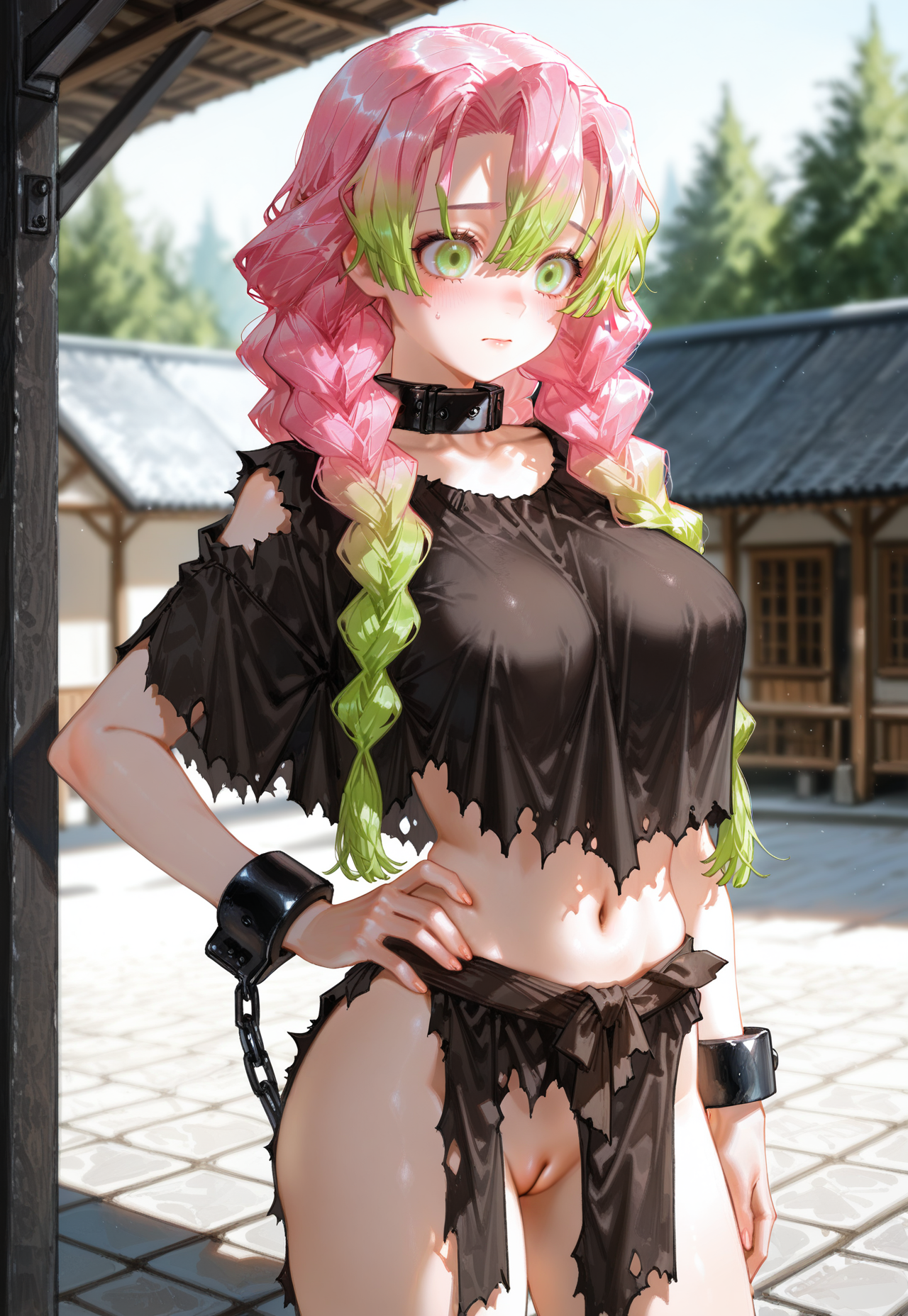 [ quasarcake, fuzichoco, no lineart, ] [masterpiece,] 
1girl, solo, slave, closed mouth, embarrassed, blush, expressionless, parted lips, brown slave clothes, midriff, torn clothes, collar, cuffs, cowboy shot, cleft of venus,  kanroji mitsuri, large breasts, hand on own hip, 
blurry background, outdoors, 
masterpiece, best quality, amazing quality, very aesthetic, absurdres, best shadows, newest, dynamic pose:0.5, <lora:slave_clothes:1>