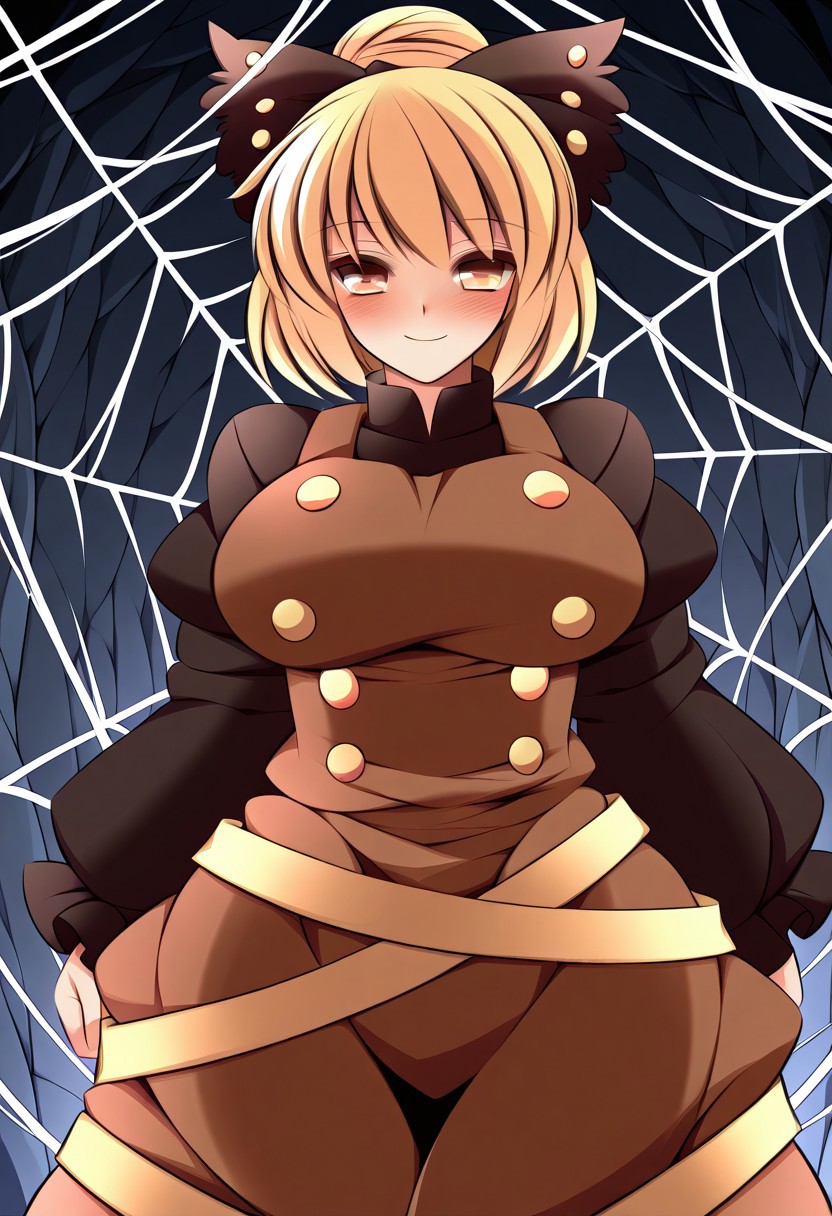 ueda katsuhito style, ((cave background)), (1girl), ((solo)), ((tall)). (standing), (posing), (looking at viewer), cute smile, (blush), ((kurodani yamame)), ((large breasts)), blonde hair, hair bow, short hair, hair bun, yellow eyes, brown eyes, bow, dress, long sleeves, brown dress, black bow, shirt, black shirt, silk, spider web