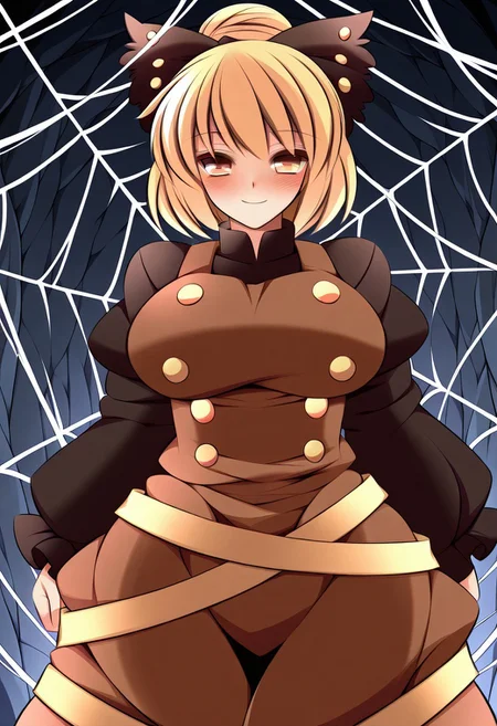 ueda katsuhito style, ((cave background)), (1girl), ((solo)), ((tall)). (standing), (posing), (looking at viewer), cute smile, (blush), ((kurodani yamame)), ((large breasts)), blonde hair, hair bow, short hair, hair bun, yellow eyes, brown eyes, bow, dress, long sleeves, brown dress, black bow, shirt, black shirt, silk, spider web