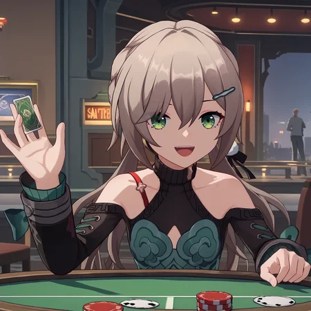 score_9, score_8_up, score_7_up, score_6_up, source_anime, source_hentai,
casino, <lora:Detailed_Backgrounds_zy_v1-pony:0.6>, Clutter, Detailed background,
<lora:qingque.pony:1>, qingque, brown hair, long hair, low twintails, green eyes, skinny, slender, small breasts,
happy, sparkling eyes, open mouth, sitting at table, poker chips,