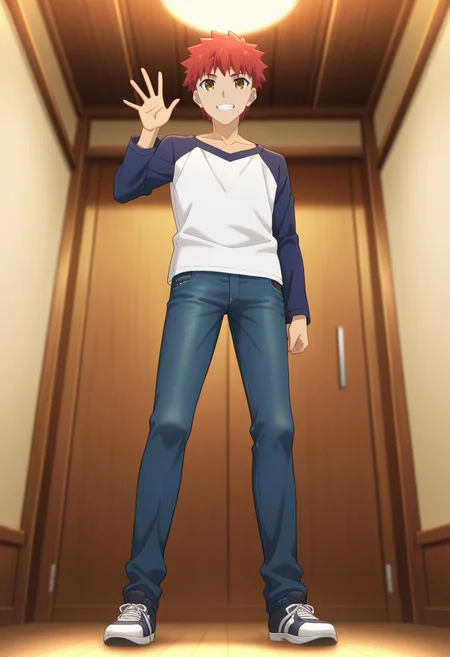 masterpiece, best quality, amazing quality,high resolution, intricate details,depth of field,anime coloring , , , 1boy, solo, male focus, <lora:Shirou_Emiya:0.92>, shirou emiya, red hair, yellow eyes, short hair, looking at viewer, smile,teeth ,t-shirt, long sleeves, standing, collarbone,  full body, shoes, pants,  sneakers, jeans, raglan sleeves, from below, waving