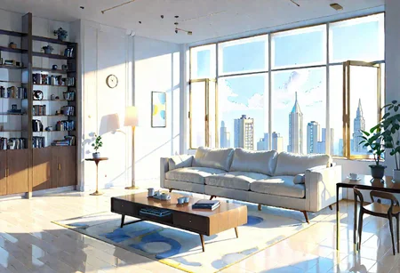 ((front view)), (Close-Up View), (Rule of Thirds), (Golden Ratio), ((animation style)), modern-style interior, white walls, ((large windows)), wooden floor, a study, Sofa, coffee table, bookcase, single wall,
warm light morning sun, (((City high-rise building scenery))), (((clear sky)))