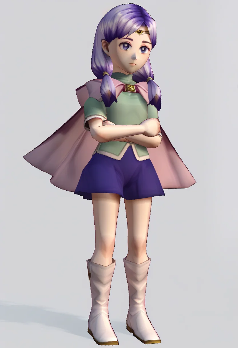 score_9, score_8_up, score_7_up, source_anime, 1girl, closed mouth, <lora:zs_N64ZeldaStyleXL:1> n64zeldastyle, 3d, polygonal, white background, full body, low twintails, hair over shoulder, <lora:IlyanaPoRXL:0.9> ilyanaPoR, lavender hair, bangs, lavender eyes, purple skirt, green shirt, short sleeves, pink capelet, circlet, white footwear, knee boots