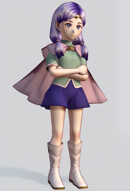 score_9, score_8_up, score_7_up, source_anime, 1girl, closed mouth, <lora:zs_N64ZeldaStyleXL:1> n64zeldastyle, 3d, polygonal, white background, full body, low twintails, hair over shoulder, <lora:IlyanaPoRXL:0.9> ilyanaPoR, lavender hair, bangs, lavender eyes, purple skirt, green shirt, short sleeves, pink capelet, circlet, white footwear, knee boots