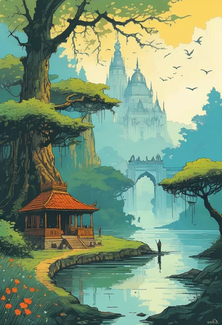 <lora:kallmekris:0.5> kallmekris mixed with <lora:esme_sdxl:0.5> esme , fantasy, fantasy art, A mystical forest filled with ancient trees, glowing flowers, and ethereal creatures like fairies and talking animals. animals, fairies, magical creatures, fantastic beasts, The atmosphere is both enchanting and eerie, with shadows of lurking dangers. In the center, a gateway to different realms. Bengali landscape, Indian landscape,, i oil painting, palette knife soft brushstrokes, heavy strokes, dripping paint, art station on trend, sharp focus, intricate details, highly detailed ,art by enki bilal, art by philippe druillet, art by moebius, inspired by french comics art ,art by Jakub Rozalski,