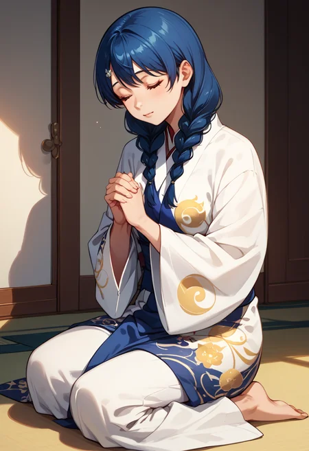 (tadokoro megumi),
score_9, score_8_up, score_7_up,masterpiece, best quality, ultra detailed, Generate a picture of a girl kneeling and praying in front of a buddha, she is wearing a yin_yang_print robe, white pants, closed eyes with hands folded in front. face to buddha, back view.
A Japanese 1girl has blue hair which was bound into twin braids, yellow eyes and brown pupils, round face, (tender and slender:1.21) body with medium breasts, , <lora:TadokoroMegumi_Pony_r1:1>