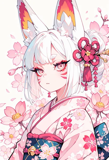 1 girl , red eyeshadow , fox ear , ear tufts , kimono , face markings , long eyelashes , white hair , floral print , sakura print , vibrant color , 
masterpiece, best quality ,amazing quality ,S4bit4mago_illu , Protoneon  ,s0wasow4rt_illu,