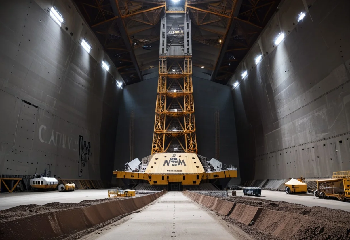 a large metal structure sitting in a construction area, a soldier is standing in front of a tank, a tower with a radio tower on top of it, monitor, hallway, Industrial_Futurism,
