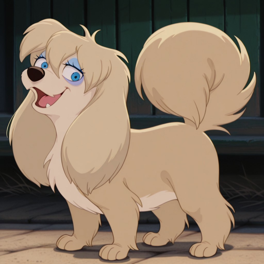peg, female, dog, disney, blonde fur, long ears, light blonde belly, blue eyes, blue eyeshadow, bangs, hair tuft, BREAK score_9, score_8, score_7, no humans, (((full body))), standing, solo, female, feral, hight definition, hyper detailed, best quality, amazing quality, 1girl, cute, cute smile, cute pose, 8k, masterpiece, looking at viewer BREAK dancing, quadruped, happy, friendly, adorable, expressive eyes, sweet, smiling, sassy, open mouth, half-open eyes, outside, smug, flirty, playful