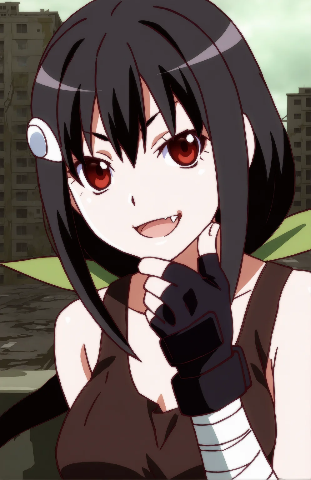 HachikujiApoVer. 1girl, solo, black hair, long hair, red eyes, hairpin, green hairbow, breasts, brown top, tank top, bandages, fingerless gloves, apocalyptic city, portrait, smirk, fang, open mouth, hand on chin