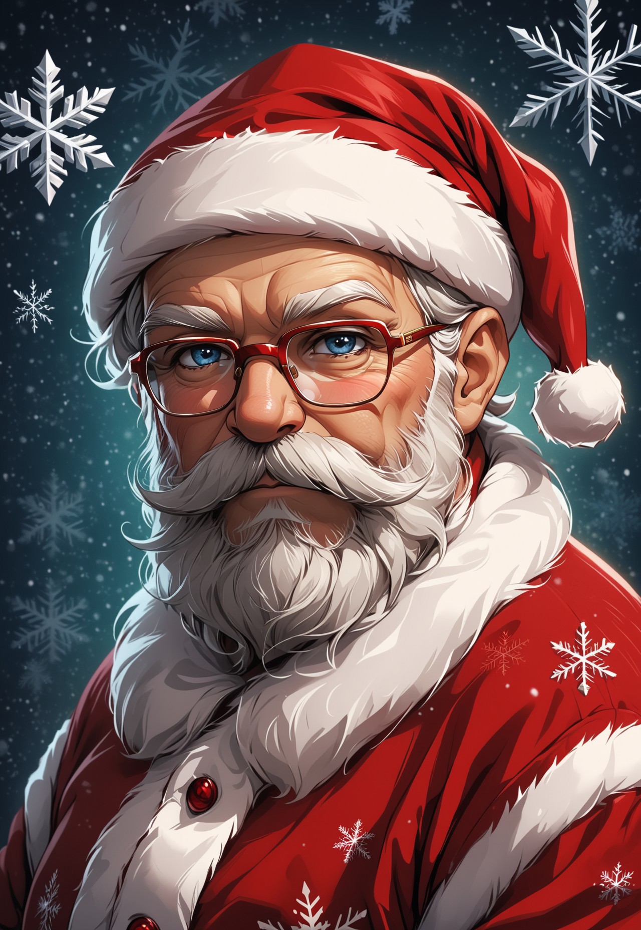 masterpiece, absurdres, best quality, Christmas Aesthetic, facial hair, solo, hat, beard, 1boy, santa hat, male focus, old, old man, glasses, mustache, christmas, white hair, santa costume, snowflakes, looking at viewer, wrinkled skin