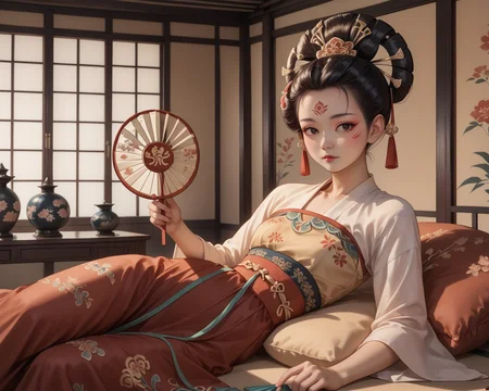 score_9, score_8_up, score_7_up, 1girl, wearing tangfa, tangfa clothes, pretty asian decor, fanning herself, lounging on cushions, asian gazebo, waist up, painted fan, amused, masterpiece, highest quality, absurdres, (extremely detailed,best quality:1.1), detailed face, detailed hair, digital art, anime <lora:TangFashion_XL:0.85>, <lora:OtherStyle_08-Merge5_06_04_02_02:1>