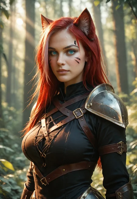 score_9, score_8_up, score_7_up, sabrith, red hair, cat ears, cat tail, facial marks, heterochromia, orange and blue eyes, female, red cross laced dress with loin, pauldron, armor, leather gloves, big breasts, forest, dappled sunlight, upper body, looking at viewer, film grain, DSLR photo, best quality, 85mm lens, shallow depth of field, soft lighting, highly detailed, cinematic composition