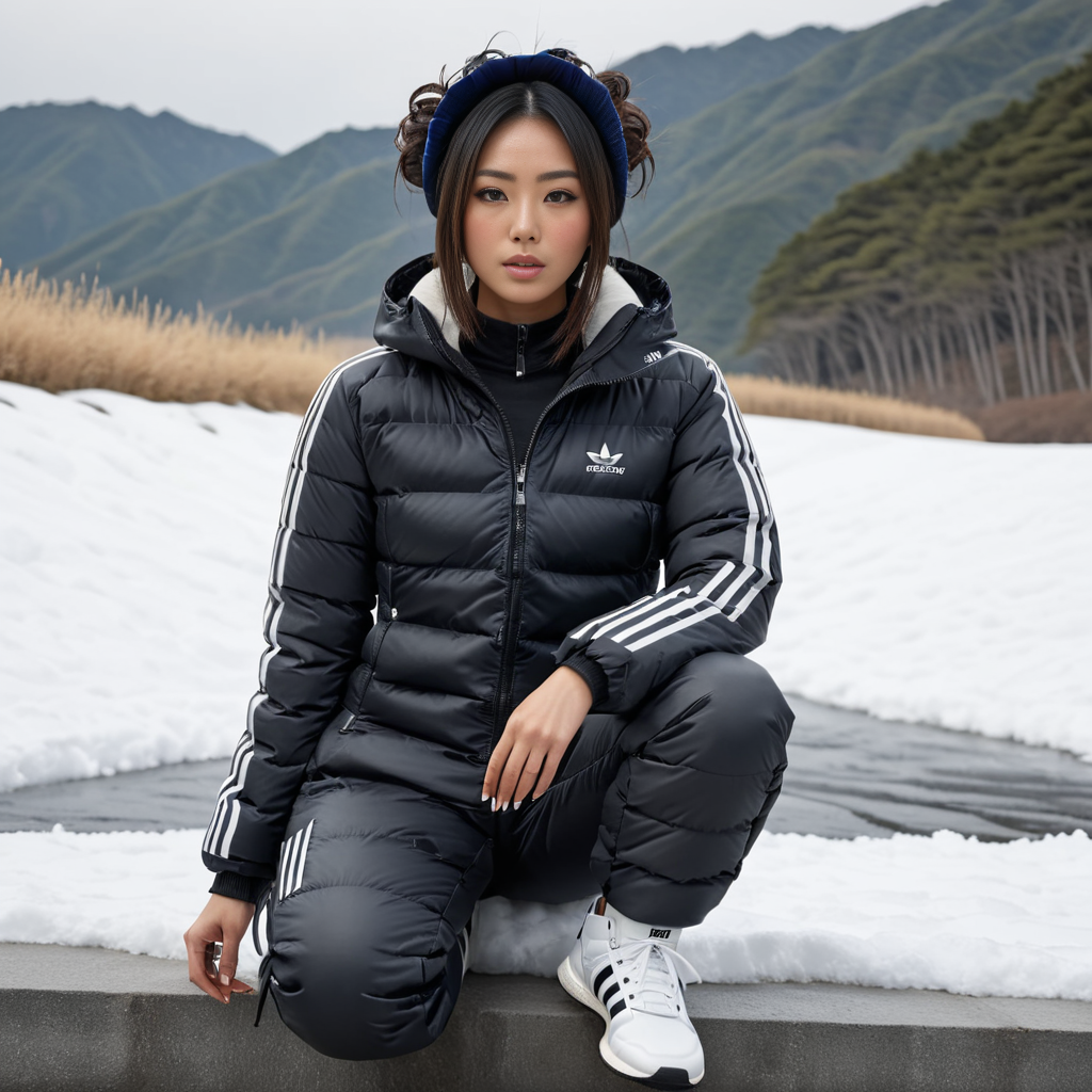 (full body shot| ) (dark cinematic still, dark vibes) sexy japanese woman ,unique, wearing  snowpants and adidas_puffer_jacket,  unique hair styles, 8k uhd, dslr, high quality, photorealistic, realism, hyperrealism,((sitting scene)), outdoors
 <lora:snowpants_v1-000003:0.7>
 <lora:adidas_puffer_jacket_v1:0.7>