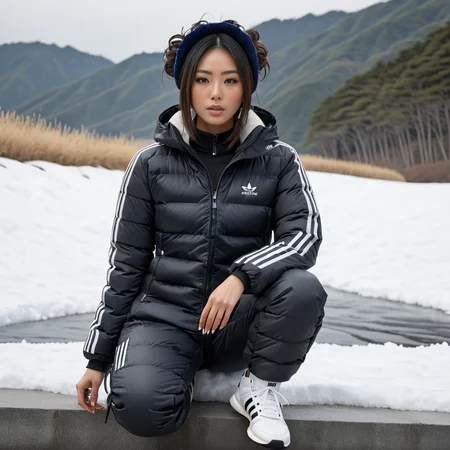 (full body shot| ) (dark cinematic still, dark vibes) sexy japanese woman ,unique, wearing  snowpants and adidas_puffer_jacket,  unique hair styles, 8k uhd, dslr, high quality, photorealistic, realism, hyperrealism,((sitting scene)), outdoors
 <lora:snowpants_v1-000003:0.7>
 <lora:adidas_puffer_jacket_v1:0.7>