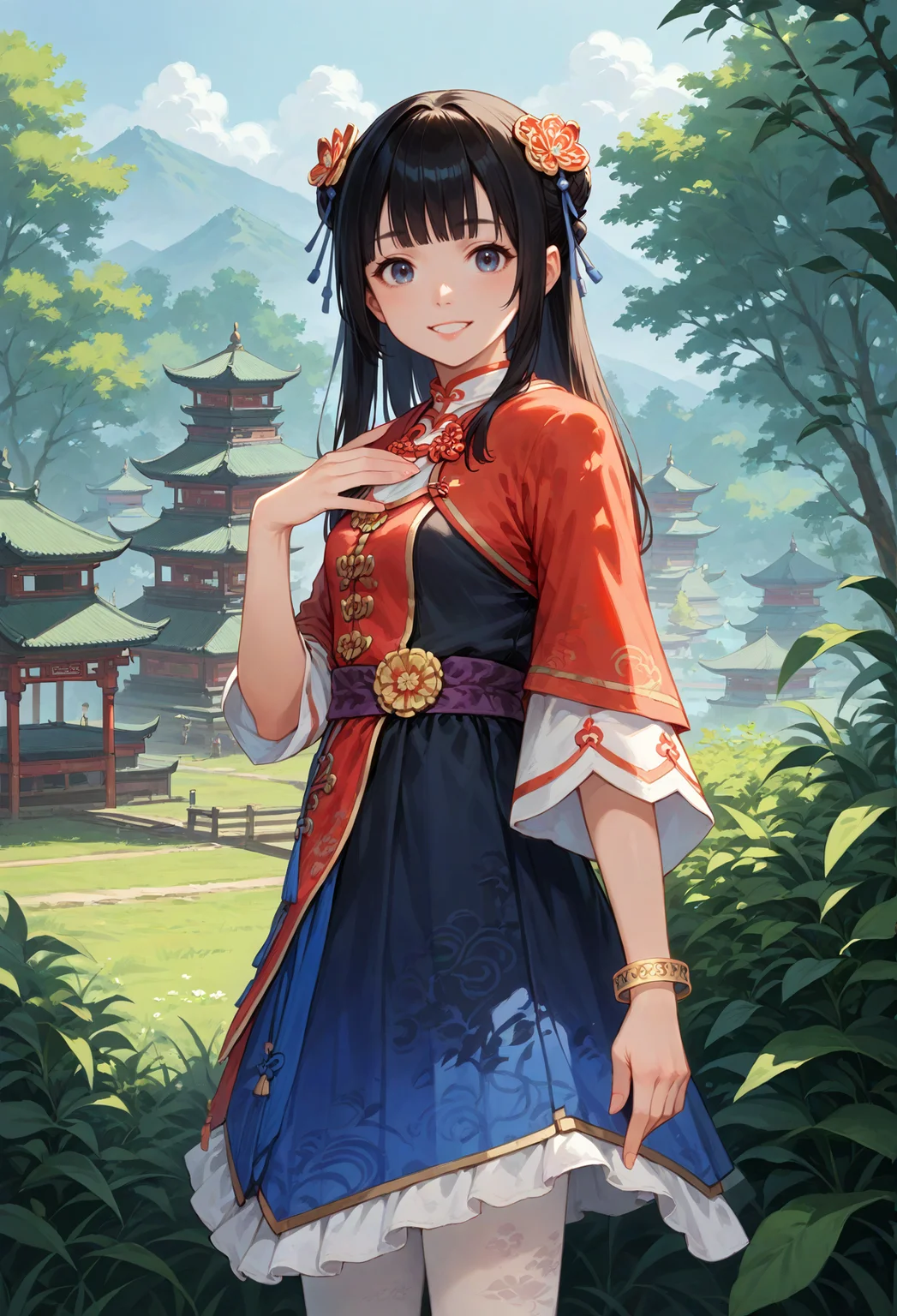 score_9, score_8_up, score_7_up, source_anime, masterpiece, <lora:Daqiao_Dynasty_Warriors:0.8> 1girl, solo, black hair, long hair, hair ornament, chinese clothes, jewelry, bracelet, white pantyhose, outdoors, looking at viewer, half body shot, lean forward, smile