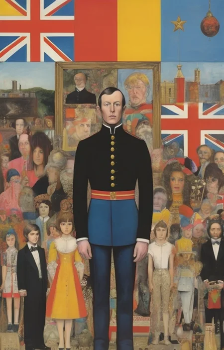 masterpiece,best quality,<lora:tbh284-sdxl:0.9>,illustration,style of Peter Blake portrait of noble man
